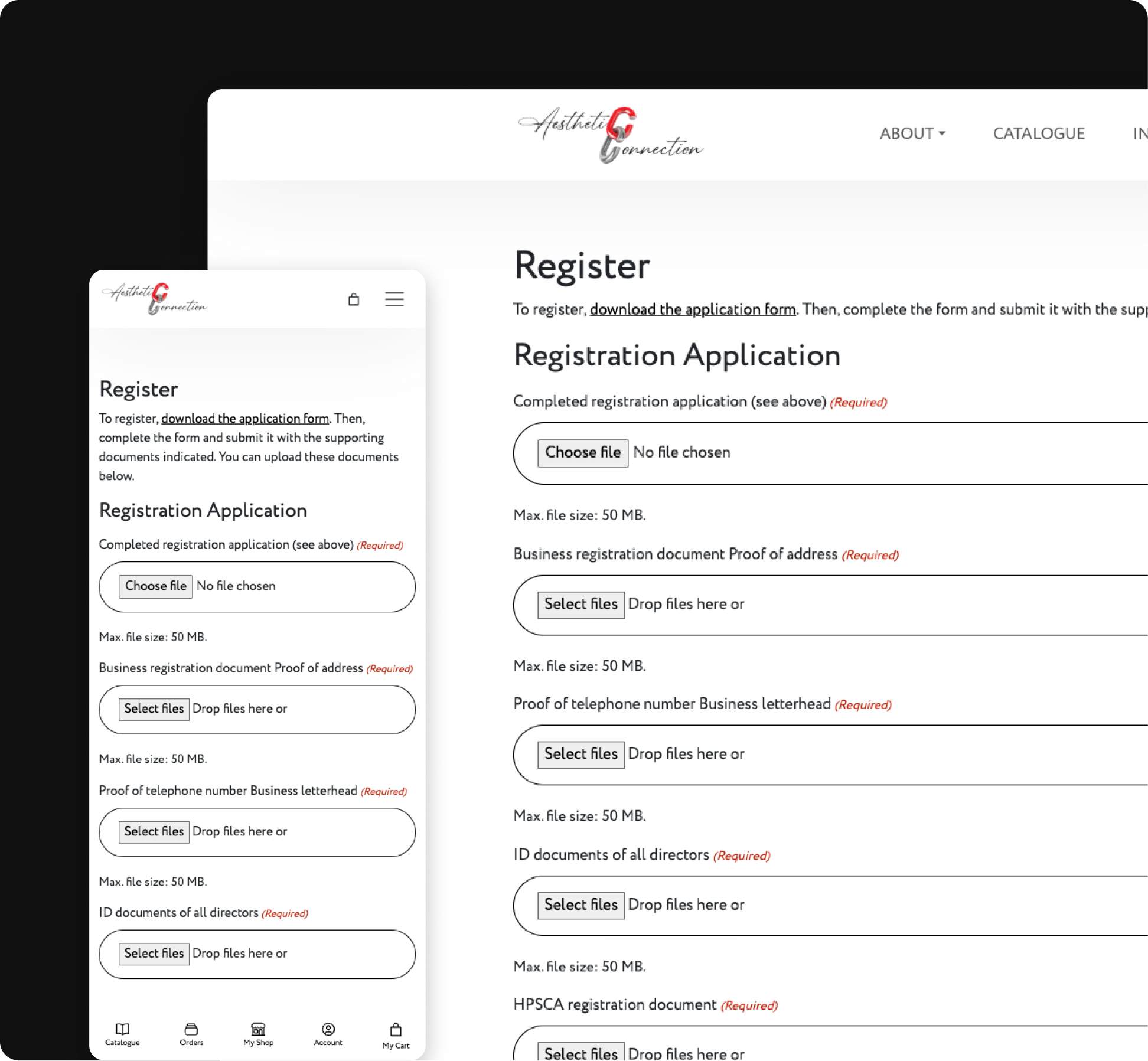 Desktop and mobile views of a website showcasing a custom-built, dynamic customer registration system.