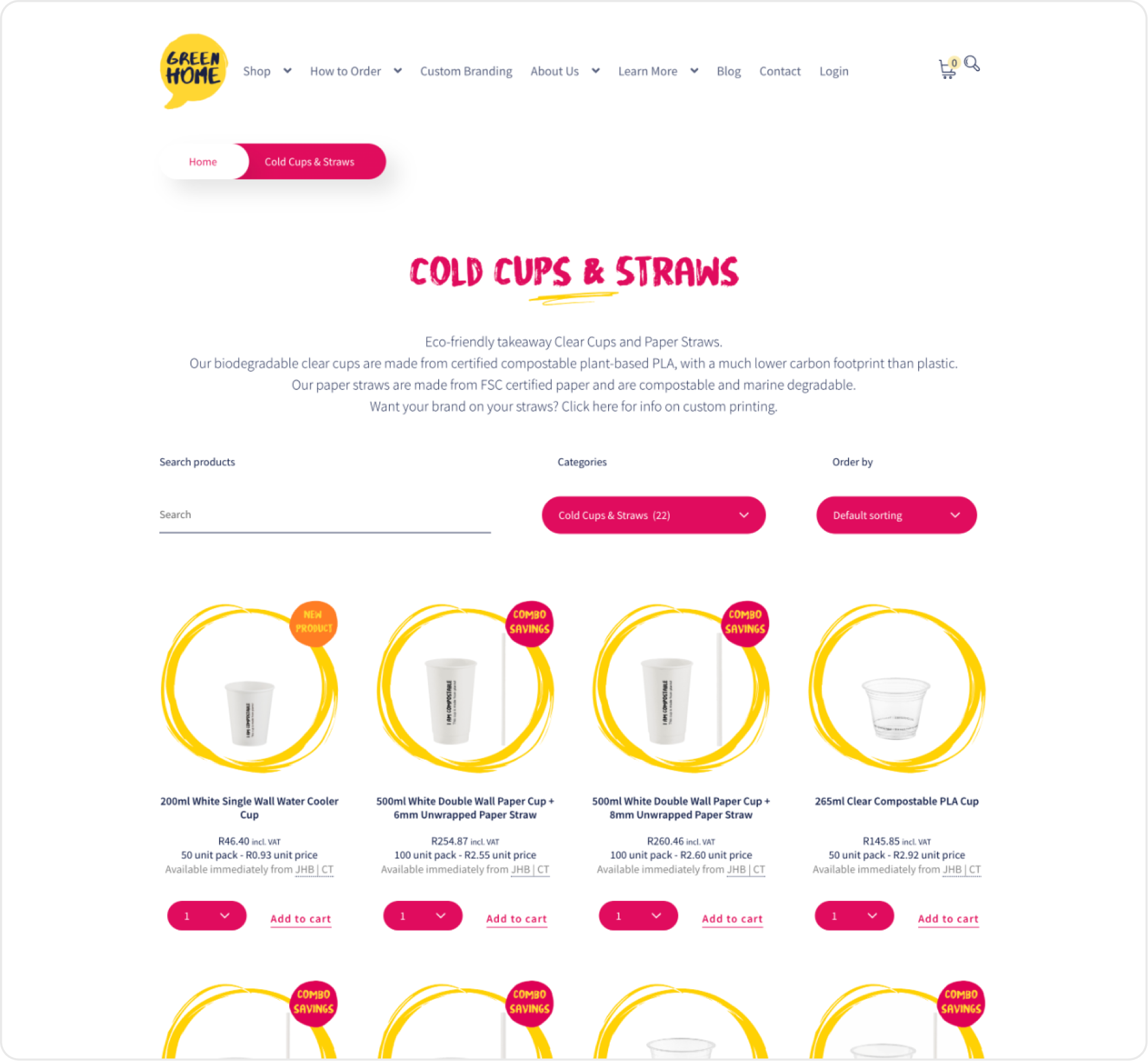 Screenshot of the custom ecommerce store designed to support plant-based food packaging solutions.