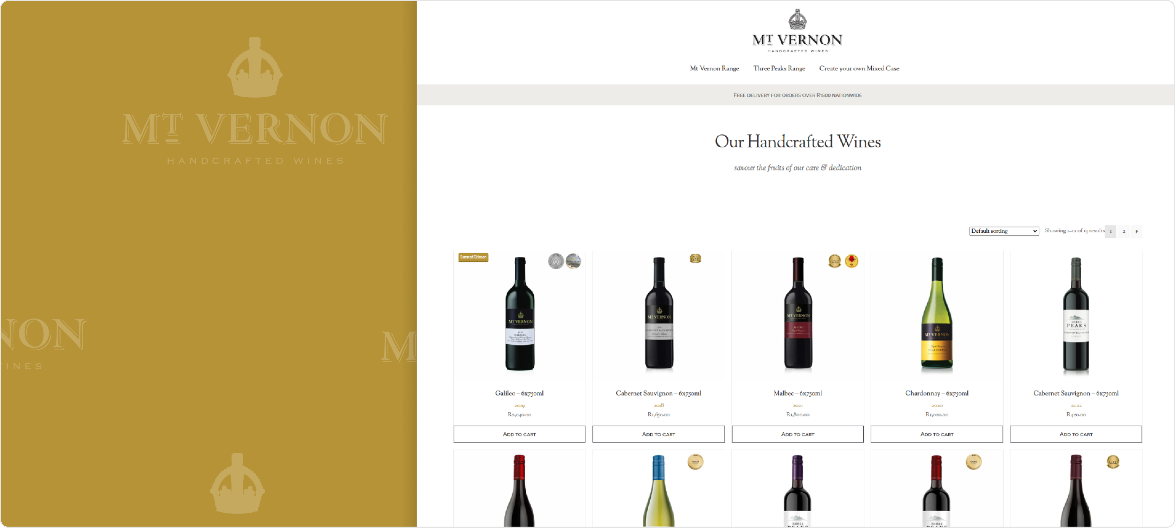 Ecommerce website interface displaying product categories, product cards, and key purchasing functionality.