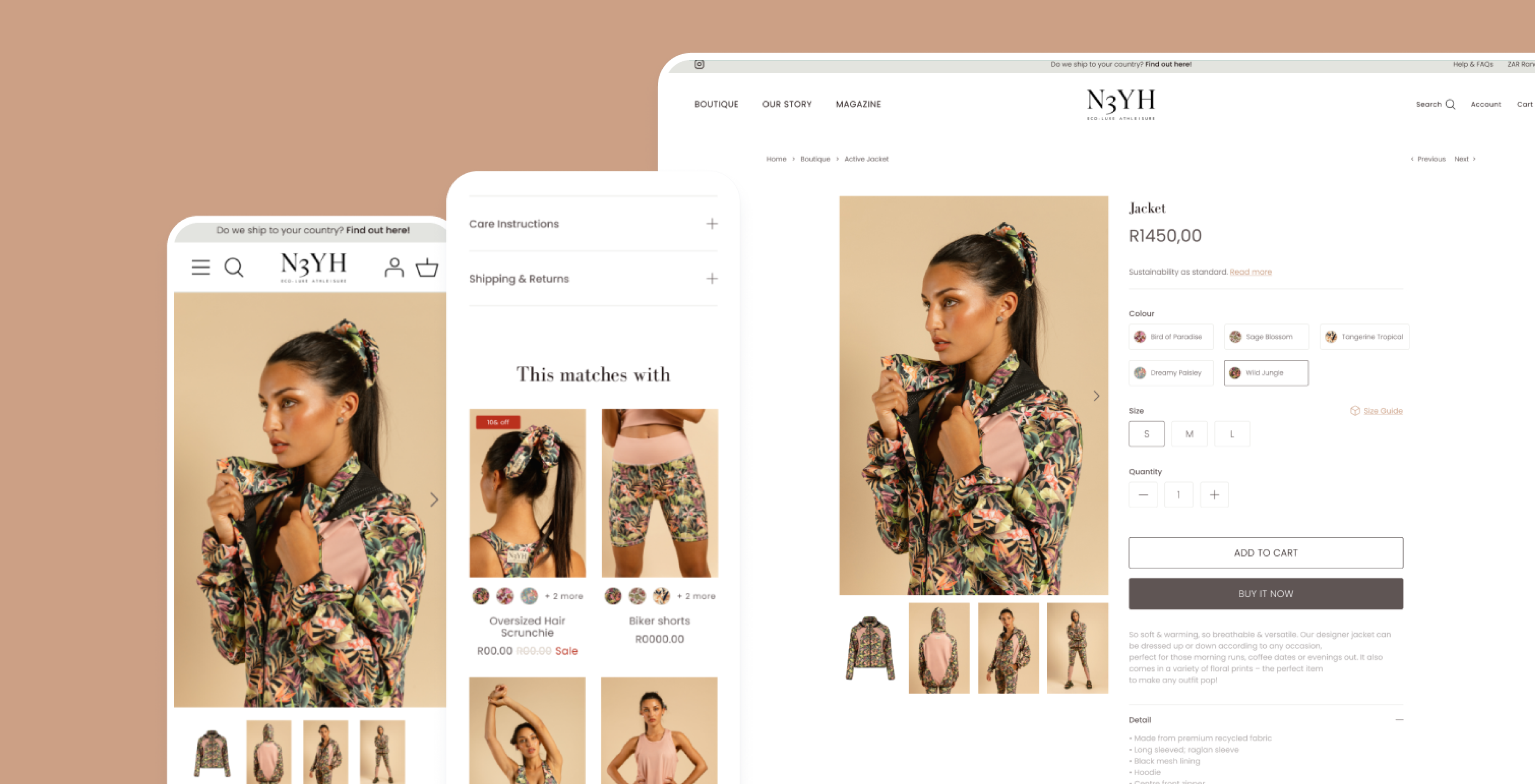 Desktop and mobile views of a Shopify eCommerce website featuring product listings, shopping cart, and add-to-cart buttons.