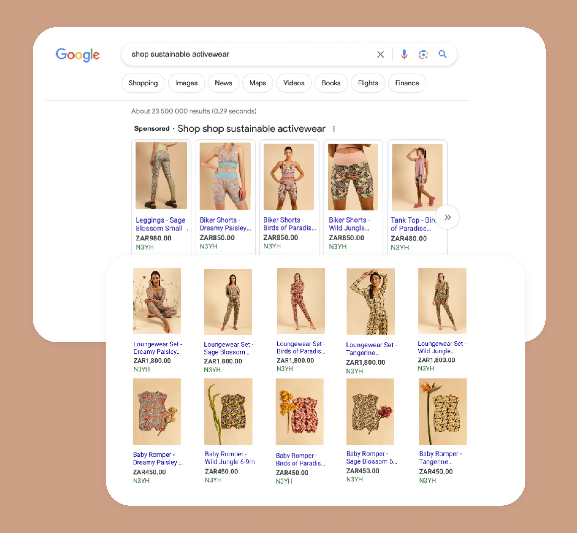 Products from the eCommerce website featured in Google Shopping search results, highlighting successful digital marketing efforts.