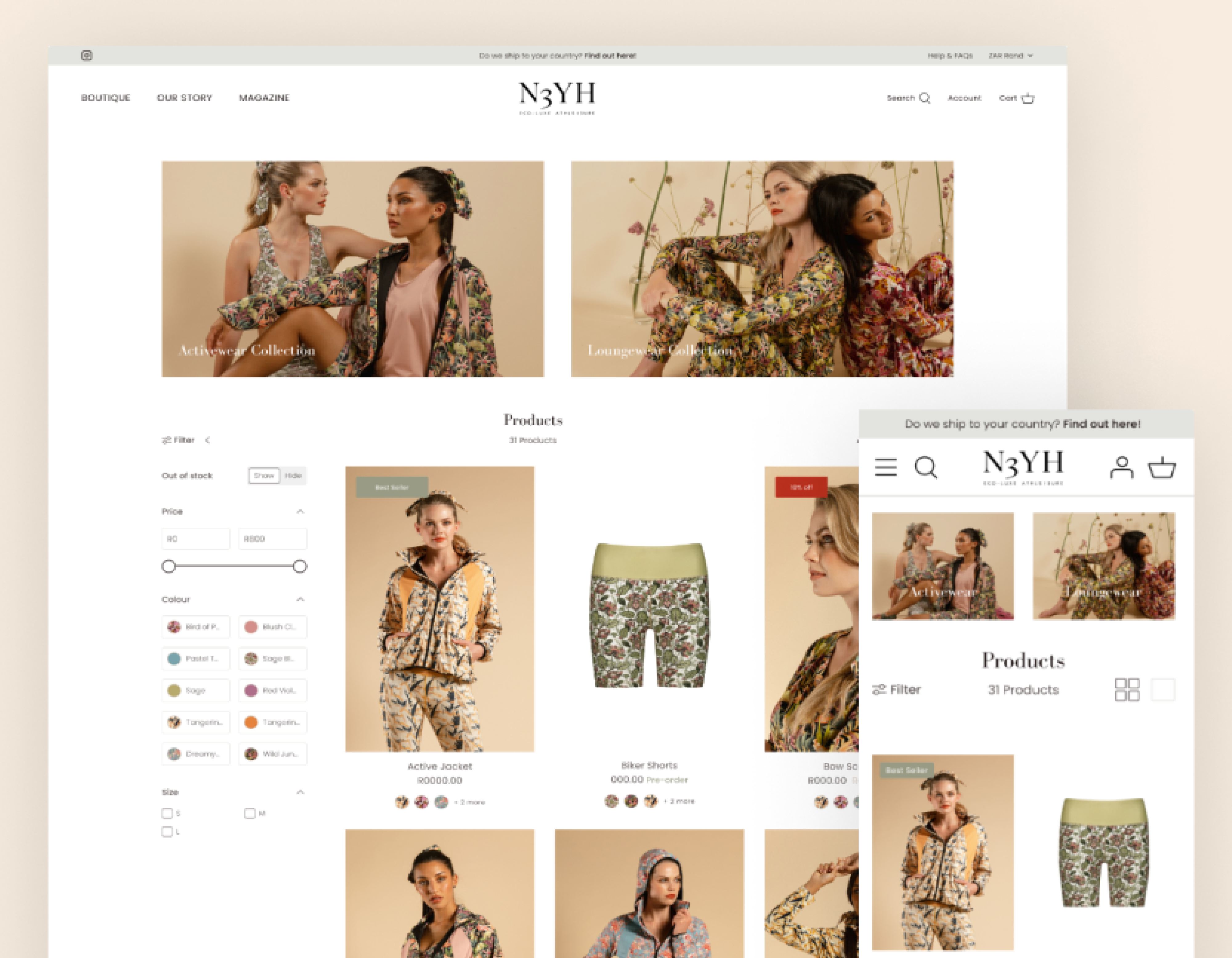 Desktop and mobile views of a custom eCommerce website showcasing products and interface design.